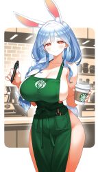 1girl ai_generated animal_ear_fluff animal_ears apron bare_shoulders blue_hair blush braid breasts cleavage closed_mouth coffee_cup collarbone cup disposable_cup green_apron highres holding holding_cup holding_pen hololive huge_breasts long_hair looking_at_viewer marker mature_female meme multicolored_hair nai-xl_vpred1.0_2d_accelerated naked_apron pekomama pen rabbit_ears rabbit_girl rabbit_tail red_eyes smile solo starbucks stealth_metadata tail thick_eyebrows virtual_youtuber white_hair
