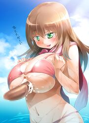 bikini breast_squeeze breasts brown_hair censored cum cum_on_body cum_on_breasts cum_on_clothes cum_on_upper_body female green_eyes huge_breasts long_hair matsumi_yuu mound_of_venus navel ndotti1 ocean open_mouth paizuri paizuri_under_clothes penis penis_under_clothes pink_bikini saki saki_achiga-hen standing summer swimsuit water wet