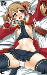 1girls aincrad ayano_keiko bare_shoulders black_legwear blush breasts brown_hair bruise cellphone_picture detached_sleeves female fingerless_gloves gloves hair_ribbon highres injury lying momio nipples open_mouth panties pussy_juice red_eyes ribbon saliva self_shot short_hair short_twintails silica skirt solo sword_art_online tear thighhighs tied_hair twintails underwear v viewfinder white_panties