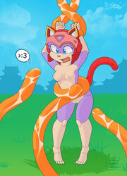 >:3 1girls anthro blue_eyes bound breasts domestic_cat feline female fur furry helmet helsy mammal nipples nude pink_fur polly_esther pussy samurai_pizza_cats solo tentacle