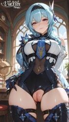 1girl solo pussy eula_(genshin_impact) breasts thighs hairband looking_at_viewer thighhighs blue_hair large_breasts long_sleeves blush bangs thick_thighs gloves leotard black_hairband necktie blue_necktie ass_visible_through_thighs black_gloves covered_navel uncensored hair_ornament blue_cape black_thighhighs smile black_leotard yellow_eyes purple_eyes medium_hair bare_shoulders skindentation sidelocks cleft_of_venus cape closed_mouth clothing_cutout shoulder_cutout hand_on_hip center_opening crotchless bodystocking indoors book cowboy_shot pendant clock thigh_strap white_shirt from_below window genshin_impact mihoyo mihoyo_technology_(shanghai)_co._ltd. light_skin light-skinned_female vianox ai_generated ai_assisted ai ai_art ai-created hi_res highres high_resolution high_quality 2d red_pussy pussy_blush butterfly_hair_ornament hoyoverse standing possing pose