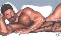 1boy 2005 archived_source balls bara black_hair dated flaccid gay gay_pornstar hairy human male male_only moustache muscular nipples penis pete_kuzak pubic_hair real_person realistic rick_chris_(artist) solo tan_skin traditional_media yaoi