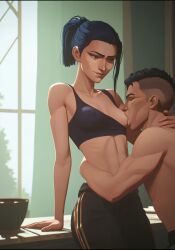 caitlyn_kiramman caitlyn_(league_of_legends) league_of_legends arcane netflix female blue_eyes sexy_body looking_pleasured sucking ai_generated blue_hair sucking_nipples exposed_breasts crop_top slim_female fit_female