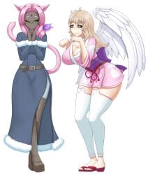 2females 2girls angel angel_girl angel_wings big_breasts bill_e_(billyblood555) blonde_hair blue_dress brown_hair butterfly_tattoo cat_ears cat_girl cat_tail catgirl dark-skinned_female dark_skin dark_skinned_female dress evangeline_(billyblood555) face_mark face_markings female female_angel female_focus female_only forehead_mark forehead_markings green_eyes green_tattoo hair_ornament hara_(lupinezinico) heterochromia kimono large_breasts light-skinned_female light_blonde_hair light_skin light_skinned_female long_hair lupinezinico_(zinico) mark_on_forehead nickfaire oc outfit_swap pink_cat_ears pink_cat_tail pink_ears pink_hair pink_tail red_eyes short_kimono short_yukata slit_dress tail winter_coat yukata