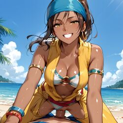 1girls ai_generated big_breasts brown_eyes brown_hair clothed clothed_female clothed_sex cowgirl cowgirl_position dark-skinned_female dark_skin grabbing hairband inside king_of_fighters large_breasts long_hair outdoors panties pov public riding tan tan_skin thick white_panties zarina_(kof) erection hard_cock