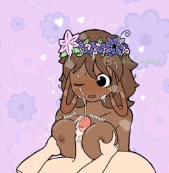 1boy 1girls anonymous_male bassie_(dandy's_world) big_breasts black_eyes blush blush_lines blushing blushing_female blushing_profusely boobjob boobs boobs_focus breasts breath_cloud brown_body brown_hair cock cum cum_on_breasts cum_on_face cumming cumming_on_face cumshot cumshot_on_face dandy's_world dandys_world dark-skinned_female dark-skinned_sub dark_skin dick flower_crown flower_in_hair flowers flowers_in_background flowers_in_hair flowers_on_head gijinka grabbing_breasts hearts holding_breast human humanization humanized light-skinned_male light_skin nervous oppai paizuri partial_male penis penis_between_breasts roblox roblox_game shellsmasher shy shy_expression shy_smile sound_effects squish squished_breasts titjob tits