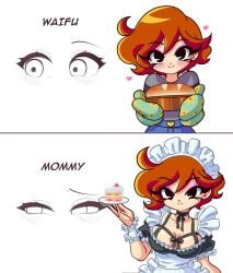 breasts cake dishes eye_contact female female_only maid_dress mommy nancysauria_(character) orange_hair smile