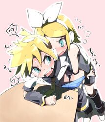 assertive blonde_hair blue_eyes blush brother_and_sister crotch_grab cum d@i female femdom hair_ribbon headset highres incest kagamine_len kagamine_rin open_mouth pants_down ribbon saliva short_hair siblings sweat tear twins vocaloid
