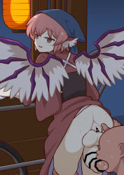 1boy 1girl absurdres animal_ears ass bar_censor bent_over bird_ears bird_girl bird_wings blue_headscarf bonobo_(odenokaz) bottomless brown_kimono brown_sash censored commentary_request crossed_bangs feet_out_of_frame fellatio from_behind futa_on_male futanari hand_on_another's_ass headscarf highres japanese_clothes kimono lantern light_blush looking_at_viewer looking_back mystia_lorelei obi okamisty open_mouth oral paper_lantern penis pink_hair purple_eyes pussy sash seductive_smile sex sex_from_behind short_hair smile tasuki testicles touhou turning_head wings