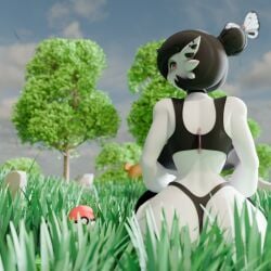 grass pokemon gardevoir ass ass_focus outside nature butterfly thong looking_back looking_at_viewer black_hair pokeball trees rocks sitting