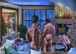 2008 6+boys 7boys artist_logo ass black_hair christmas christmas_tree dated gay holidays indoors light_skin male male_only multiple_boys muscular realistic rick_chris_(artist) sleeping snow traditional_media yaoi