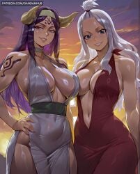 2girls ai_generated bare_shoulders blue_eyes body_markings breasts cleavage cloud collarbone covered_navel covered_nipples cowboy_shot dandanhub dress facial_mark fairy_tail forehead forehead_mark grin hairband hand_on_hip horns large_breasts long_hair looking_at_viewer mirajane_strauss multiple_girls navel no_bra parted_lips patreon_username plunging_neckline purple-haired_female purple_eyes purple_hair red_dress sash seilah sky sleeveless smile sunset sweat tattoo thighs white-haired_female white_dress white_hair
