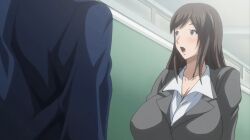1girls 1boy teacher teacher_and_student female male female_teacher kyonyuu_hitozuma_onna_kyoushi_saimin screencap ova huge_breasts gigantic_breasts giant_breasts massive_breasts enormous_breasts clothed_female bunnywalker lune_pictures kagurazaka_yui surprised surprised_face