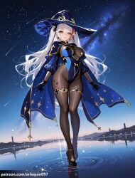 1girl ai_generated anklet arlequin097 azur_lane black_footwear black_gloves black_ribbon blue_cape blue_headwear blue_leotard blush bodystocking breasts cape closed_mouth covered_navel earrings full_body gloves gold_trim hat high_heels highleg highleg_leotard jewelry large_breasts legs leotard lips long_hair long_sleeves looking_at_viewer mole_on_breast multicolored_hair night night_sky outdoors pantyhose prinz_eugen_(azur_lane) puffy_long_sleeves puffy_sleeves red_hair reflection reflective_water ripples shooting_star sky smile solo standing standing_on_liquid star_(sky) star_earrings starry_sky streaked_hair thigh_strap thighlet thighs two_side_up very_long_hair walking_on_liquid water white_hair witch_hat