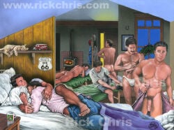 2008 6+boys 7boys artist_logo ass balls black_hair blue_eyes briefs_only bulge christmas dated domestic_cat flaccid gay holidays indoors light_skin male male_only multiple_boys muscular nipples penis pubic_hair realistic rick_chris_(artist) sleeping traditional_media underwear white_underwear yaoi