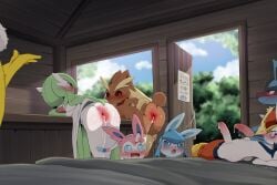 3:2 after_sex after_vaginal anthro anus biped blue_body blush bodily_fluids butt cinderace cum cum_in_pussy cum_inside dagasi eeveelution female female_penetrated feral gardevoir generation_1_pokemon generation_3_pokemon generation_4_pokemon generation_6_pokemon generation_8_pokemon genitals glaceon group hi_res hypno_(pokemon) inside lopunny lucario male male/female male_penetrating male_penetrating_female nintendo penis penis_in_pussy pokemon pokemon_(species) pupils pussy quadruped sweat sylveon tail vaginal vaginal_insertion vaginal_penetration vaginal_sex vulva white_body yellow_body