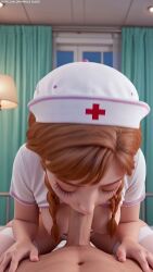 1min_video 3d_animation ai_generated anna_(frozen) blowjob blue_eyes braid cartoon cartoon_character cum_drip cum_on_face cumshot deepthroat disney disney_princess facial fair_skin fellatio female freckles frozen frozen_(film) long_hair mirastudio nurse nurse_cap nurse_uniform oral_sex red_hair sound tagme video