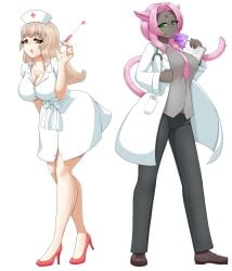 2females 2girls angel angel_girl angel_wings bill_e_(billyblood555) blonde_hair brown_hair butterfly_tattoo cat_ears cat_girl cat_tail catgirl cosplay dark-skinned_female dark_skin dark_skinned_female doctor doctor_outfit evangeline_(billyblood555) face_mark face_markings female female_angel female_focus female_only forehead_mark forehead_markings green_eyes green_tattoo hair_ornament hara_(lupinezinico) heart_symbol heterochromia large_breasts light-skinned_female light_blonde_hair light_skin light_skinned_female long_hair lupinezinico_(zinico) mark_on_forehead needle nickfaire nurse nurse_cap nurse_clothing nurse_hat nurse_outfit nurse_uniform oc pink_cat_ears pink_cat_tail pink_ears pink_hair pink_tail red_eyes tail white_outfit