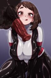 1boy 1girl absurdres all_fours animal_penis bestiality black_bodysuit blue_background blush bodysuit boku_no_hero_academia breasts breasts_squeezed_together brown_eyes brown_hair cock_worship commentary deadcloud english_commentary equine erection evoltodraw female_on_feral femsub feral feral_on_female feral_on_human heart heart-shaped_pupils hetero highres horse horse_penis horsecock huge_breasts human_female human_on_feral imminent_bestiality large_penis licking_lips light-skinned_female looking_at_viewer medium_hair penis shadow simple_background smile swept_bangs symbol-shaped_pupils testicles thick_eyebrows thick_thighs thighs tongue tongue_out uraraka_ochaco veins veiny_penis white_bodysuit zoophilia