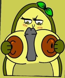 2026 2d_(artwork) ava_(avocado_couple) avocado avocado_couple big_breasts brown_nipples cartoon dark_green_eyes digital_drawing_(artwork) edit edited eyelashes fruit gray_penis green_bow hand_on_breast looking_at_penis munchykirby1 olive_background original_character tagme youtube