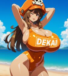 :p ai_generated armpits arms_behind_head beach blush_stickers curvy gigantic_breasts guilty_gear may_(guilty_gear) one-piece_swimsuit one_eye_closed outdoors print_swimsuit stable_diffusion swimsuit tease text thick_thighs voluptuous wide_hips