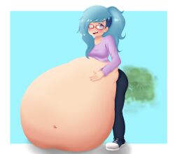 belly_overhang blue_hair breasts chubby chubby_female fart fart_cloud fart_fetish farting female funlitogc gassychan_(artist) huge_belly hyper_belly hyper_fat morbidly_obese morbidly_obese_female obese overweight overweight_female