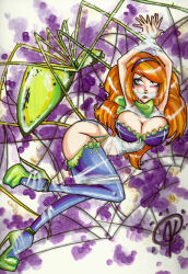 1girls daphne_blake scooby-doo spider spiderweb web web_gag gag web_bondage bondage cleavage scared_expression scared red_hair scarf theladyj