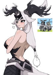 1girls antlers arms_under_breasts bare_back barely_clothed black_sclera blush cat_(battle_cats) female female_only h_spike highres horns huge_breasts light-skinned_female long_hair looking_at_viewer narita_kaihime nipple_slip nyanko_daisensou smiling_at_viewer the_battle_cats white_eyes white_hair