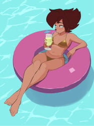 amugea anthro big_breasts bikini bikini_bottom bikini_top breasts brown_fur brown_hair disney drinking earrings female_only golden_bikini golden_week goof_troop hi_res legs medium_hair peg_pete pool thighs water