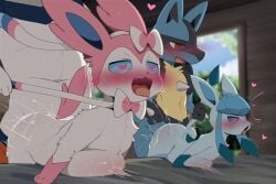 2boys 2girls big_bulge blush breasts character_request cinderace commentary dagasi furry glaceon heart heart-shaped_pupils hetero highres inflation lucario multiple_boys multiple_girls open_mouth pokemon pokemon_(creature) red_eyes sex sex_from_behind stomach_bulge sylveon symbol-shaped_pupils tongue