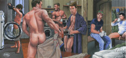 2013 6boys artist_logo ass balls black_hair blonde_hair dated flaccid gay indoors male male_only multiple_boys muscular nipples original penis pubic_hair rick_chris_(artist) traditional_media yaoi