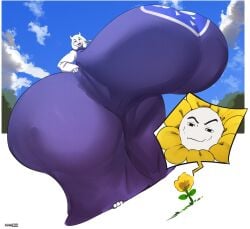 anthro artist_name ass carlosgizza cloud dress flowey_the_flower furry giantess gigantic_ass gigantic_breasts goat_ears goat_girl goat_horns hyper hyper_ass hyper_breasts massive_ass massive_breasts purple_dress raised_eyebrow red_eyes roblox_man_face signature sky smile toriel undertale wide_hips