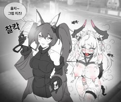 2girls :o absurdres anal_beads anal_tail angelina_(arknights) animal_ear_fluff animal_ears arknights arknights:_endfield bare_shoulders bdsm belt_collar blush bound bound_breasts breasts camera_flash cellphone coat collar controller crying crying_with_eyes_open dot_nose dragon_horns dragon_tail dress drooling elbow_gloves fake_tail femdom flip_phone fox_ears fox_girl furfutagusok futa_with_female futanari gag gagged gilberta_(arknights) gloves greyscale hair_intakes headgear high_collar highres holding holding_controller holding_leash holding_phone holding_remote_control horns impossible_clothes impossible_dress korean_commentary korean_text large_breasts leash leash_pull long_hair looking_at_another medium_breasts monochrome multiple_girls nipple_piercing nipple_weights nipples object_insertion off-shoulder_shirt off_shoulder out_of_character phone piercing remote_control remote_control_vibrator restrained rope_marks selfie sex_toy shirt sleeveless sleeveless_dress sounding speech_bubble spot_color tail tail_raised tears thigh_strap too_many too_many_sex_toys torture translation_request twintails urethral_beads urethral_insertion vibrator vibrator_cord vibrator_in_thigh_strap wide_sleeves wiffle_gag yvonne_(arknights:_endfield)