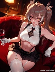 ai_generated balecxi nanashi_mumei hololive hololive_english_-council- hololive_english_-promise- hololive_english 1girl brown_hair navel virtual_youtuber cup ahoge smile necktie hair_ornament drinking_glass solo wine_glass garter_straps twintails looking_at_viewer alcohol long_hair suspenders underboob brown_eyes wine feathers white_thighhighs white_gloves sitting pleated_skirt crossed_legs sleeveless holding sleeveless_shirt large_breasts collared_shirt couch feather_hair_ornament patreon_username black_skirt miniskirt streaked_hair