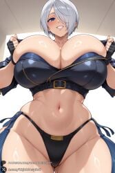1girl breasts angel_(kof) hair_over_one_eye solo huge_breasts gloves smile blue_eyes fingerless_gloves navel jacket short_hair cleavage white_hair cropped_jacket leather_jacket leather looking_at_viewer underwear thick_thighs thighs sweat from_below blush grin chaps grey_hair ass_visible_through_thighs curvy kof king_of_fighters snk unjobdespiert ai_generated 1female huge_ass big_breasts big_ass 1girls 2026 artist_name watermark hi_res highres high_quality high_resolution patreon_username patreon