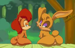 2girls anthro anus ass big_ass blue_eyes breasts brown_hair bunnie_rabbot chipmunk cm_august color couple day duo female female_only fur furry furry_only green_eyes hair lagomorph looking_at_viewer looking_back multiple_girls nude outdoors pussy rabbit red_hair sally_acorn sega sideboob smile sonic_(series)