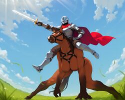 burioth 2026 tagme ai_generated furry equid equine horse human mammal detailed digital_media_(artwork) hi_res 5_fingers action_pose all_fours anthro areola armor big_breasts biped blue_eyes blue_sky boots breastplate breasts brown_areola brown_body brown_eyes brown_fur brown_nipples cape carrying_another clothed clothed/nude clothed_male clothing cloud day depth_of_field detailed_background duo female female_anthro field fingers fisheye_lens floating footwear fully_clothed fur gesture glint gloves grass hair hand_on_ground handwear hanging_breasts harness harness_only headgear helmet holding_melee_weapon holding_object holding_sword holding_weapon hooves human_on_anthro interspecies inverted_nipples knight larger_anthro larger_female light light_beam low-angle_view male male/female mane melee_weapon mostly_nude mount/rider_relations multicolored_body multicolored_fur nipples nude nude_anthro nude_female outside pauldron petplay plant plantigrade plate_armor pointing ponyplay pose red_clothing reins roleplay shoes size_difference sky smaller_human smaller_male smile spread_legs spreading standing sunbeam sunlight sword tail teeth unguligrade warrior weapon wind