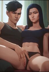 caitlyn_kiramman caitlyn_(league_of_legends) league_of_legends arcane netflix female blue_eyes sexy_body looking_pleasured panties_aside exposed_pussy fingering pleasured legs_apart crop_top slim_waist slim_female fit_female blue_hair ai_generated seductive_look couch