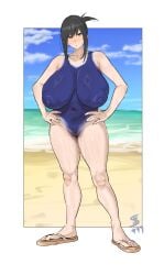 wasawa_(wsw_999) original original_character full_body milf milf_body mole_on_breast breasts big_breasts huge_breasts breasts_bigger_than_head nipples areolae navel nude nude_female completely_nude completely_nude_female no_clothes female solo solo_female pussy pubic_hair thick_thighs thighs ass feet sandals sandals_only shoes shoes_only curvy curvy_body curvy_female voluptuous voluptuous_female voluptuous_body beach beach_background bodypaint body_paint swimsuit sweating sweaty sweaty_body painted_clothes false_clothes barely_visible_pussy embarrassed_nude_exposure embarrassed_nude_female outdoors public public_nudity shy blushing blushing_female black_hair black_eyes hand_on_waist sea daytime sky