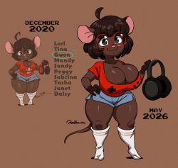 2026 4_fingers anthro beauty_mark big_breasts bottomwear breasts brown_body brown_eyes brown_fur brown_hair buckteeth cleavage clothed clothing dark_body dark_fur digital_media_(artwork) english_text eyewear female female_only fingers footwear fungus fur glasses gwen_geek gwen_martin hair headphones hi_res joaoppereiraus looking_at_viewer mammal mario_(series) mouse murid murine nerd nintendo pink_nose rodent shirt short_hair shorts shortstack signature simple_background smile socks solo solo_female super_mushroom teeth text thick_thighs topwear video_games