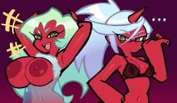 2demons big_breasts demon demon_girl demon_girls demon_horns demon_humanoid demoness demons kneesocks_daemon panty_&_stocking_with_garterbelt scanty_daemon twins 2girls bra grey_impact