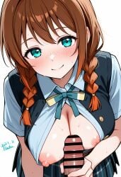 1boy 1girl ai_generated aqua_eyes aqua_ribbon bar_censor black_shirt blue_shirt blue_skirt blush braid breasts brown_hair censored commentary_request dated emma_verde erection freckles handjob hatohatoh hetero highres large_breasts looking_at_viewer love_live! low_twin_braids medium_hair meta neck_ribbon nijigasaki_school_uniform nipples one_breast_out open_clothes open_shirt penis plaid_clothes plaid_skirt ribbon school_uniform shirt skirt smile summer_uniform sweat twin_braids white_background