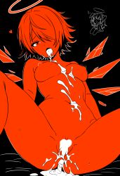 2girls absurdres after_sex arknights black_background bukkake byerix chibi commentary cum cum_in_ass cum_in_mouth cum_overflow detached_wings english_commentary excessive_cum exusiai_(arknights) female female_only hair_over_one_eye half-closed_eyes halo head_tilt heart highres looking_at_viewer monochrome mostima_(arknights) multiple_girls navel red_theme short_hair spread_legs wings