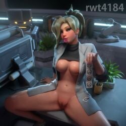 1girls 3d absurdres angela_ziegler arm_support artist_name blonde_hair blue_eyes bottomless breasts clothes_lift coat commentary condom condom_in_mouth condom_packet_strip condom_wrapper dr._ziegler eyeshadow from_above highres indoors labcoat large_breasts long_sleeves looking_at_viewer makeup mercy mole mole_on_breast mouth_hold nail_polish navel nipples open_clothes open_coat overwatch pink_nails ponytail pussy pussy_juice rwt4184 sitting solo spread_legs sweater sweater_lift turtleneck turtleneck_sweater uncensored untranslatable_commentary