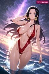 1girl 1girls ai_assisted ai_generated areola_slip ass_visible_through_thighs backlighting bare_shoulders black-haired_female black_hair blue_eyes boa boa_hancock breasts cameltoe closed_mouth cloud collarbone earrings female female_only forehead jewelry large_breasts long_hair looking_at_viewer navel nipple_slip nipples ocean one-piece_swimsuit one_piece outdoors red_one-piece_swimsuit sky slingshot_swimsuit smile solo stelmazura sunset swimsuit thighs wading water wet