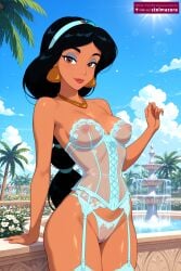 1girl ai_assisted ai_generated aladdin_(1992_disney_film) bare_shoulders black_hair blue_sky breasts brown_eyes bustier cameltoe cloud corset cowboy_shot dark-skinned_female dark_skin day disney disney_princess earrings flower garter_belt garter_straps hairband jasmine_(aladdin) jewelry lingerie lips long_hair looking_at_viewer makeup medium_breasts necklace nipples outdoors palm_tree panties princess princess_jasmine pussy royalty see-through sky smile solo stelmazura thighhighs tree underwear underwear_only water