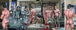 10boys 2009 6+boys artist_logo ass black_hair blonde_hair brown_hair dated flaccid gay indoors light_skin male male_only military_uniform multiple_boys muscular nipples original realistic rick_chris_(artist) snow traditional_media yaoi
