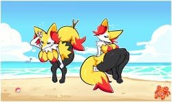 pokemon pokemon_(species) braixen paras pokeball lapras beach ocean water fox fox_ears fox_tail anthro female ass_focus ass bikini bent_over looking_at_viewer nova_3050 nova3050 watermark yellow_body yellow_fur ear_tuft fluffy_tail thick_thighs big_breasts thighs_together thighs breasts annoyed sitting furry
