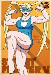 1girl biceps blonde_female blonde_hair blue_eyes capcom domino_mask eye_mask female_only flexing_bicep long_hair looking_at_viewer masked_female muscles muscular_female one-piece_swimsuit posing rainbow_mika smile smiling solo_female street_fighter street_fighter_v swimsuit thick_thighs twintails voluptuous voluptuous_female
