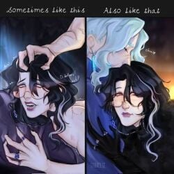 2boys black_hair blue_hair blushing_male dottore_(genshin_impact) earring gay genshin_impact glasses grabbing_hair kiss male male_only pantalone_(genshin_impact) pleasure_face yaoi